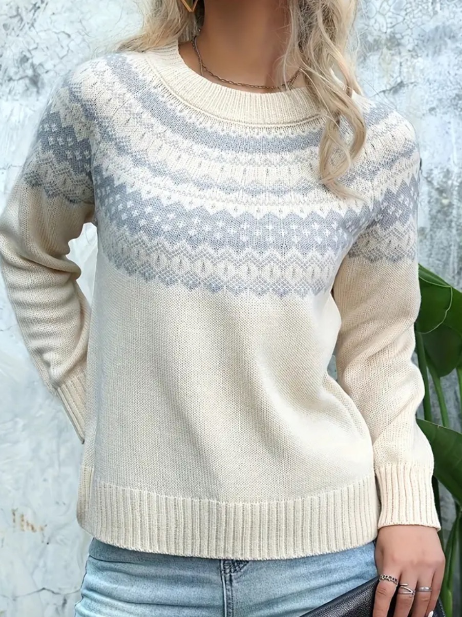 Women's Beige And Gray Geometric Pattern Long-Sleeve Crewneck Sweater New Nwot